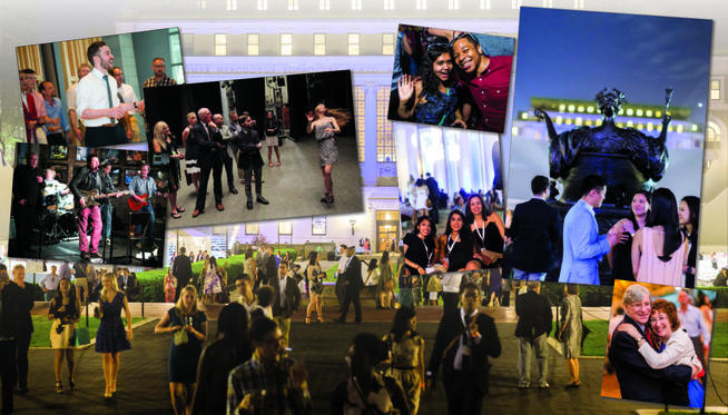 Left-hand photos: Clockwise from top: Solo moment at the Columbia Kingsmen performance; backstage tour at the New York City Ballet; Needle Dik played at the Class of 1980 dinner at Dinosaur BBQ. Right-hand photos, top: a break from dancing at the Young Alumni Party; bottom: scenes from the Starlight Reception.Photos: Barbara Alper; Chris Balmer '07, SOA'14; Michael Dames; David Dini SIPA '14; and Scott Rudd.